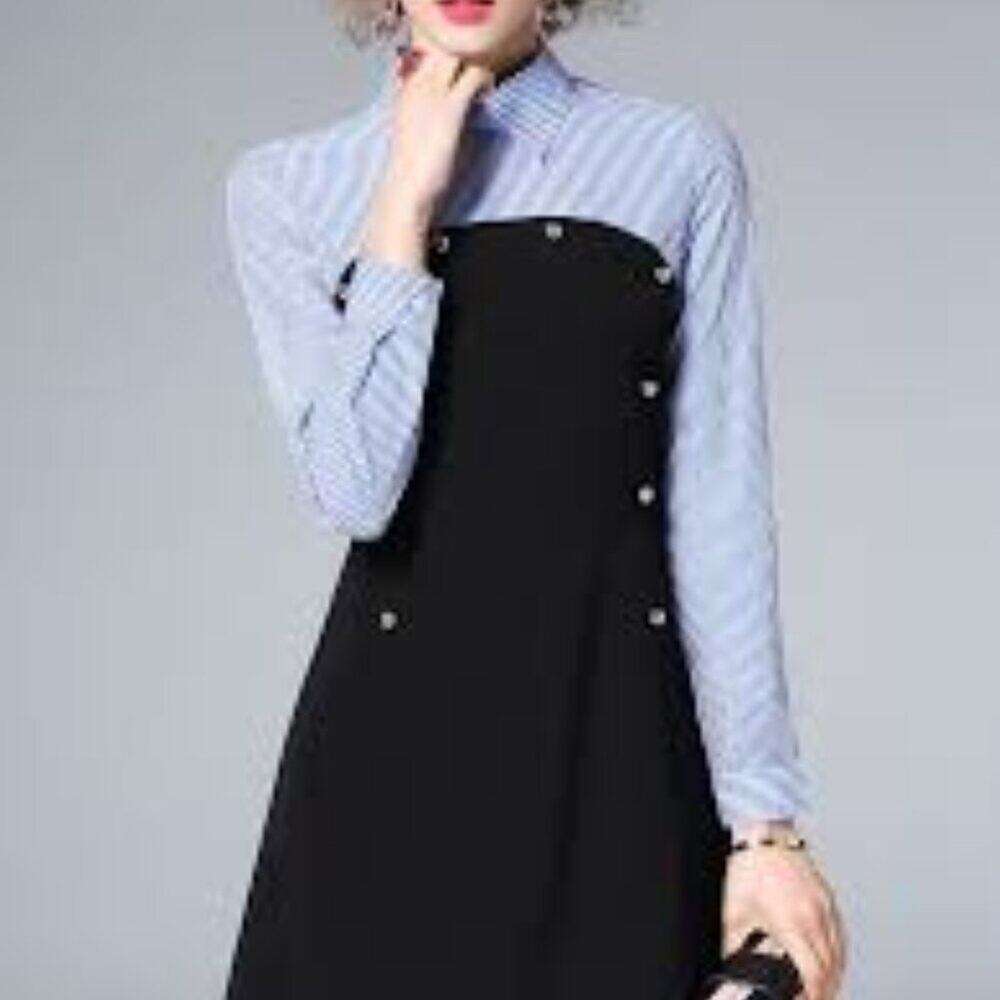 Stylewe Blue Pinstripe Long Sleeve Collared Shirt Dress Mini Size Small - Picture 12 of 12